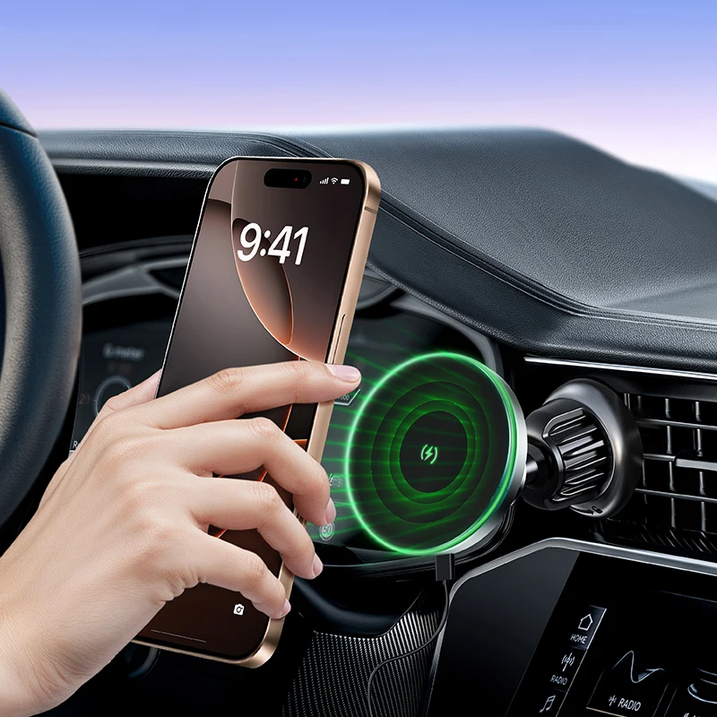 15W Fast Wireless Charging Car Phone Charger Car Air Vent Mount Magnetic Mobile Phone Holder With RGB Light