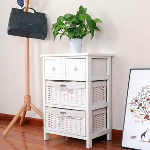 Kingwillow Solid Wood Storage Cabinet Bedside Table with Woven Basket Drawers and White Brown Lining
