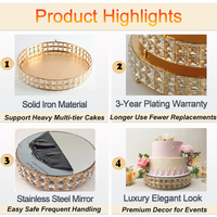Support à gâteau rond moderne et professionnel pour mariage, en cristal miroir doré avec structure en fer et miroir en acier inoxydable