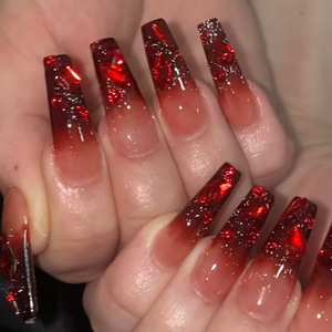 Unghie Finte Rosse e Nere a Mandorla Lunga, Lucide, Riutilizzabili, in Acrilico Morbido Gel, Kit Manicure <span class=keywords><strong>Donna</strong></span> 24 Pezzi - Product Image 2