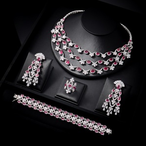 00081 rhodium plaqué rubis rouge femmes collier ensemble de bijoux CZ cubique Zircon dubaï classique Style élégant accessoires de mariée - Product Image 1