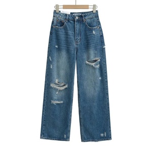 Pantalones Vaqueros de Mezclilla para <span class=keywords><strong>Mujer</strong></span>, Personalizados al por Mayor, Lavado Azul, Cintura Alta, a la Moda, Casuales, de Pierna Ancha, de Gran Venta - Product Image 5