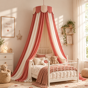Dusty Red Off-White Portable Foldable Kids Bed <strong>Canopy</strong> 245cm 100% Cotton Dome Hanging Mosquito Net <strong>Nursery</strong> Bedroom Decoration - Product Image 2