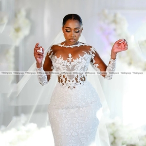 <span class=keywords><strong>Abiti</strong></span> da Sposa di Lusso Stile Sirena con Applicazioni Africane, Maniche Lunghe, Tulle Aso Ebi, Vestiti da Sposa Personalizzabili - Product Image 2