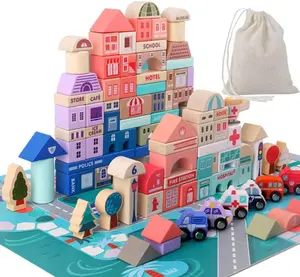 C02000 Montessori giocattolo in legno blocchi di città traffico urbano blocchi di costruzione per bambini giocattolo 100 blocchi