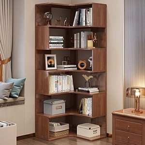 Estantería de esquina de madera maciza, estante de almacenamiento multicapa, muebles para sala de estar y dormitorio, color nogal, diseño minimalista moderno - Product Image 1