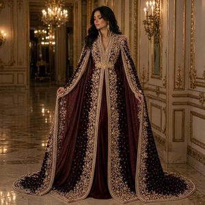 Burgundy Velvet Woven Vintage Eid Embroidered <b>Abaya</b> Long Sleeve Floor Length Flared Hem Solid Wedding Party Women - Product Image 1