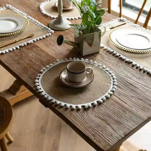 Gran oferta, Mantel Individual <span class=keywords><strong>de</strong></span> <span class=keywords><strong>yute</strong></span> con borlas <span class=keywords><strong>de</strong></span> encaje y Pompón blanco Natural, manteles <span class=keywords><strong>de</strong></span> <span class=keywords><strong>mesa</strong></span> rústicos <span class=keywords><strong>de</strong></span> <span class=keywords><strong>yute</strong></span> para bodas y fiestas - Product Image 4