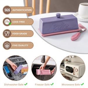 Beurrier en céramique rose et violet contrastant avec couteau, boîte de rangement pour fromage pour la maison et le restaurant - Product Image 5