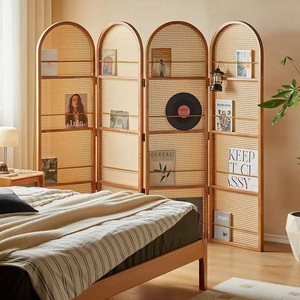 Retro Style Movable Rattan Folding <b>Screen</b> Wood Frame Living Room <b>Bedroom</b> Entryway Partition Bookshelf Display Storage Divider - Product Image 4