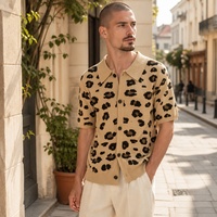 Cardigan en tricot à col cranté pour homme, motif léopard kaki, manches courtes, polyester, style décontracté urbain, printemps-été, personnalisable OEM & ODM