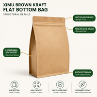 Emballage Ximu en stock, sac en papier kraft à fond plat, fermeture éclair refermable, emballage alimentaire de qualité alimentaire, MOQ 100 pièces