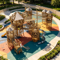 Grande structure de jeu d'aventure en bois pour l'extérieur avec toboggan en spirale et structure d'escalade en filet de cordes