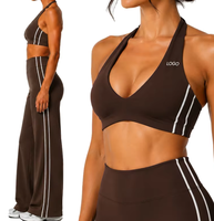 Set Fitness Wanita 2 Potong Bahan Spandex/Nylon, Atasan Crop Top V-Neck Tali Silang, Celana Panjang High Waist Lebar, Bernapas
