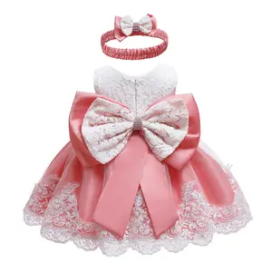 Amazon hot sale Baby Princess Dress Cotton Lining Newborn One Year Old Dress Girls Bow Knot Lace Christening Dress