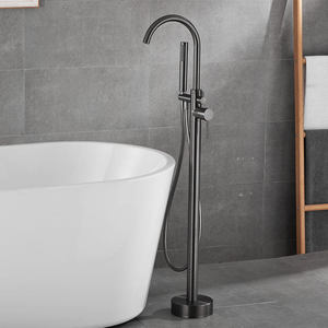Floor Stand Faucet All Copper Gunmetal Gray 2 Handles Rain Showerhead Ceramic Valve Core Bathtub Sink Bathroom Fixture - Product Image 3