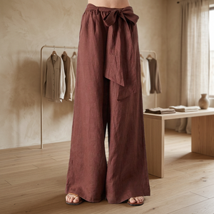 Pantalon décontracté d'été respirant pour femme, taille mi-haute, coupe droite, en lin/coton, avec nœud, coupe régulière, longueur cheville, imprimé - Product Image 3