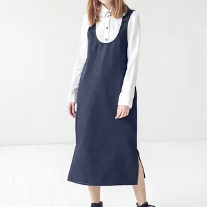 Women navy sleeveless denim dress with hem slit ladies minimalism pinafore