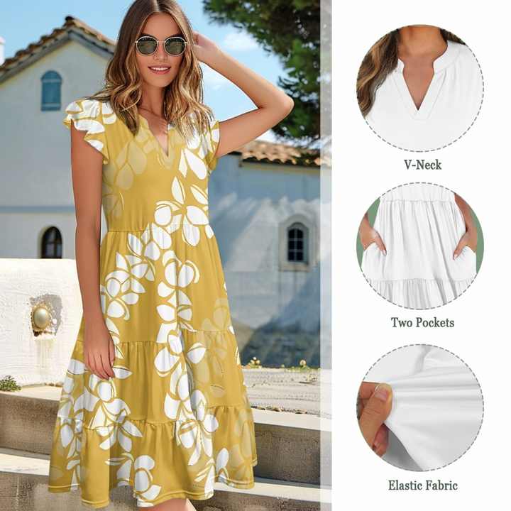 Beautiful Yellow Womens Summer Dresses Floral V Neck Ruffled Hem Spring  Casual Beach Outfits Flowy Wrap Sun Dress with Pockets| Alibaba.com