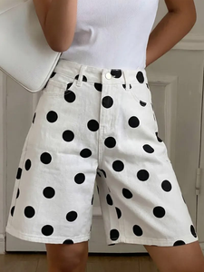 Shorts <span class=keywords><strong>Bermuda</strong></span> en <span class=keywords><strong>jean</strong></span> blanc décontracté Y2K vintage pour <span class=keywords><strong>femme</strong></span>, imprimé pois, coupe droite, longueur genou - Product Image 1
