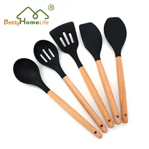 5Pcs Pink Silicone Utensils with Wooden Handles Wholesale