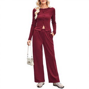 Nouveautés Channel Automne 2025 – Ensemble 2 pièces décontracté pour femme : Haut côtelé à manches longues boutonné et pantalon large, écoresponsable - Product Image 4