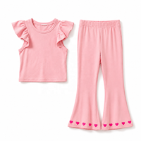 Ensemble de vêtements en coton côtelé pour filles de 2 à 10 ans, adolescents, avec pantalon évasé, imprimé décontracté à manches courtes, deux pièces