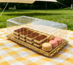 Barquette alimentaire rectangulaire jetable en PET de qualité alimentaire pour crêpes, gâteaux roulés, sandwichs, sushis – Plateau transparent doré - Product Image 4