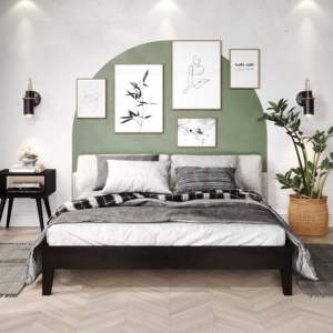 DB Nix Modern Double Bed <b>Frame</b> Queen Platform Bed in Black with Teak and MDF Wood for Home or Apartment <b>Furniture</b> - Product Image 1