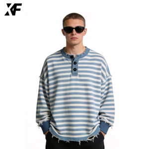 XUFEI T-shirt da <span class=keywords><strong>uomo</strong></span> personalizzata casual oversize in cotone pesante a nido d'ape, lavata, a righe, <span class=keywords><strong>termica</strong></span> a maniche lunghe - Product Image 2