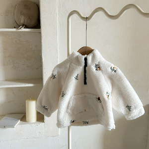 韓国語バージョンカジュアル冬暖かいジャケット赤ちゃん女の子用フリースラグラン袖ジッパーセーター花刺繍付き - Product Image 2