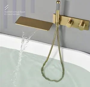 Wall Mounted Thermostatic Bathtub Mixer Waterfall Faucet Brushed Gold Shower Faucet Set With Handheld Sprayer
