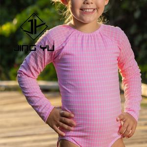 OEM Summer Skin-friendly Girls Bikini Plaid Ribbed <b>Long</b> <b>Sleeve</b> <b>Swimsuit</b> Children Custom Nylon One-Piece Swimwear - Product Image 1