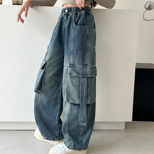 <span class=keywords><strong>Pantaloni</strong></span> cargo in denim con tasche grandi per ragazze, tinta unita, modello ampio e corto, per bambine più grandi, primavera/autunno - Product Image 5