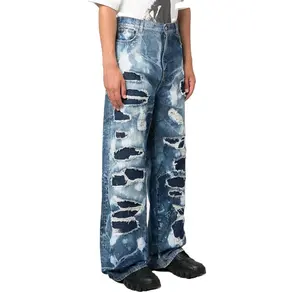 Özel erkek Baggy kot yırtık geniş bacak pantolon ağartıcı yıkanmış mavi kontrast dikiş kasık tasarım moda sokak trendi düştü