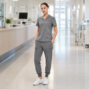 Conjunto de Uniforme Médico para Mujer Heather Melange, Pantalones Jogger, Cuello en V, Manga Corta, Bolsillos con Cierre en el Muslo, Uniforme de Enfermera, Logotipo Personalizado, Hospital - Product Image 1