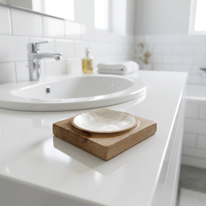 Porte-savon en bois écologique avec égouttoir intégré et insert en marbre blanc au design moderne pour évier de salle de bain - Product Image 2