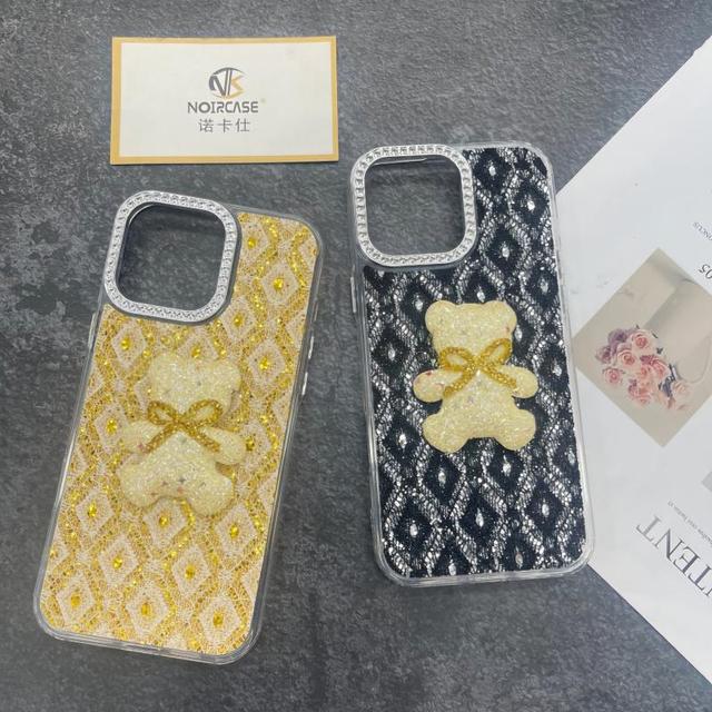 3D Bow-Bear Glitter Phone Case, Bling Rhinestone Camera Frame TPU Shockproof Cute Stereo Bear Phone Cover for iPhone Android