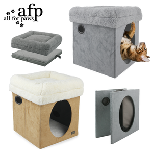 All for Paws Promotion : Château pour chat 2-en-1 pliable gris/beige en fausse fourrure d'agneau, avec boîte <span class=keywords><strong>de</strong></span> rangement intégrée, pour l'intérieur et le jeu des petits animaux - Product Image 1