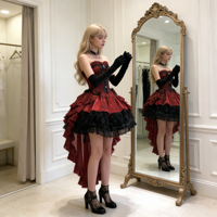 Robe Lolita pour femme adulte, rouge bordeaux gothique, courte devant et longue derrière, dentelle rose foncé, mariage