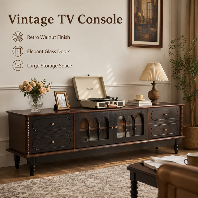 Vintage TV Console Walnut Finish Glass Doors Fluted Pillars Drawer Storage Mid Century Media Cabinet Living Room Home