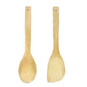 Espátula plana de madera de mango largo y grande, espátula ranurada para servir, olla de madera de haya, juego de cuchara de bambú, utensilio de cocina de bambú compostable