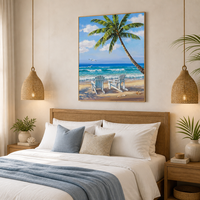Peinture à l'huile sur toile de coucher de soleil sur la plage tropicale avec palmiers, art mural décoratif moderne de grande taille, fait main, original, pour la maison