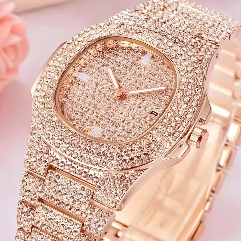 Stijlvolle Herenmode Sieraden Horloge Ijs Diamanten Quartz Horloges Met Strass Armband Ketting Punk Zilver Polshorloge