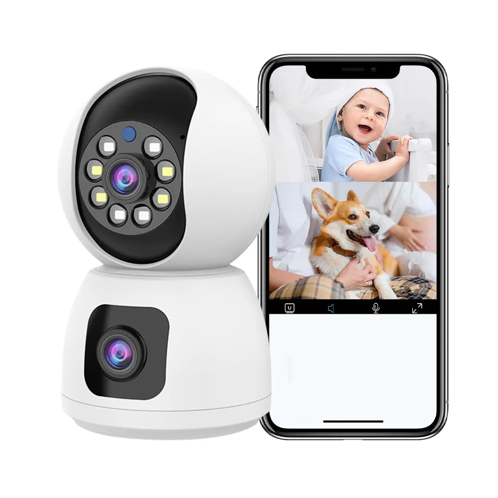 Kamera CCTV WiFi Audio 2 arah keamanan rumah kamera ganda 2MP 360 panorama P2P kamera Analog pemantau bayi anjing nirkabel