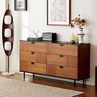 Nouvelle armoire en chêne de style mid-century à six tiroirs avec cadre en acier inoxydable, pour chambre à coucher, tête de lit, ou meuble de rangement pour salon