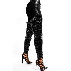 Bottes longues ajourées pour femme, talons hauts, au-dessus du genou, avec ceinture, bout pointu, sandales d'été - Product Image 6