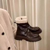 Bottes mi-mollet noires pour femmes à plateforme, avec col en fourrure crème, fermeture éclair latérale, semelle épaisse à crampons, chaussures décontractées chaudes