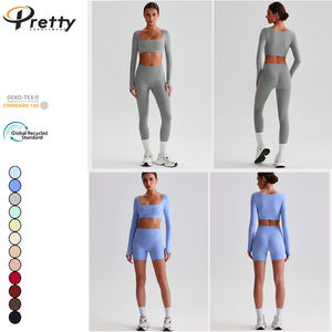 Женская одежда, комплект из 2 предметов для фитнеса, короткий топ с длинными рукавами и подкладкой, брюки с заниженной талией, спортивная одежда для спортзала, эко-топ - Product Image 2