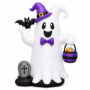Fantôme gonflable <span class=keywords><strong>d</strong></span>'Halloween avec chapeau de sorcière, chauve-souris, pierre tombale et <span class=keywords><strong>seau</strong></span> à bonbons, gonflable pour l'extérieur, la cour, le jardin, la pelouse, les fêtes - Product Image 1